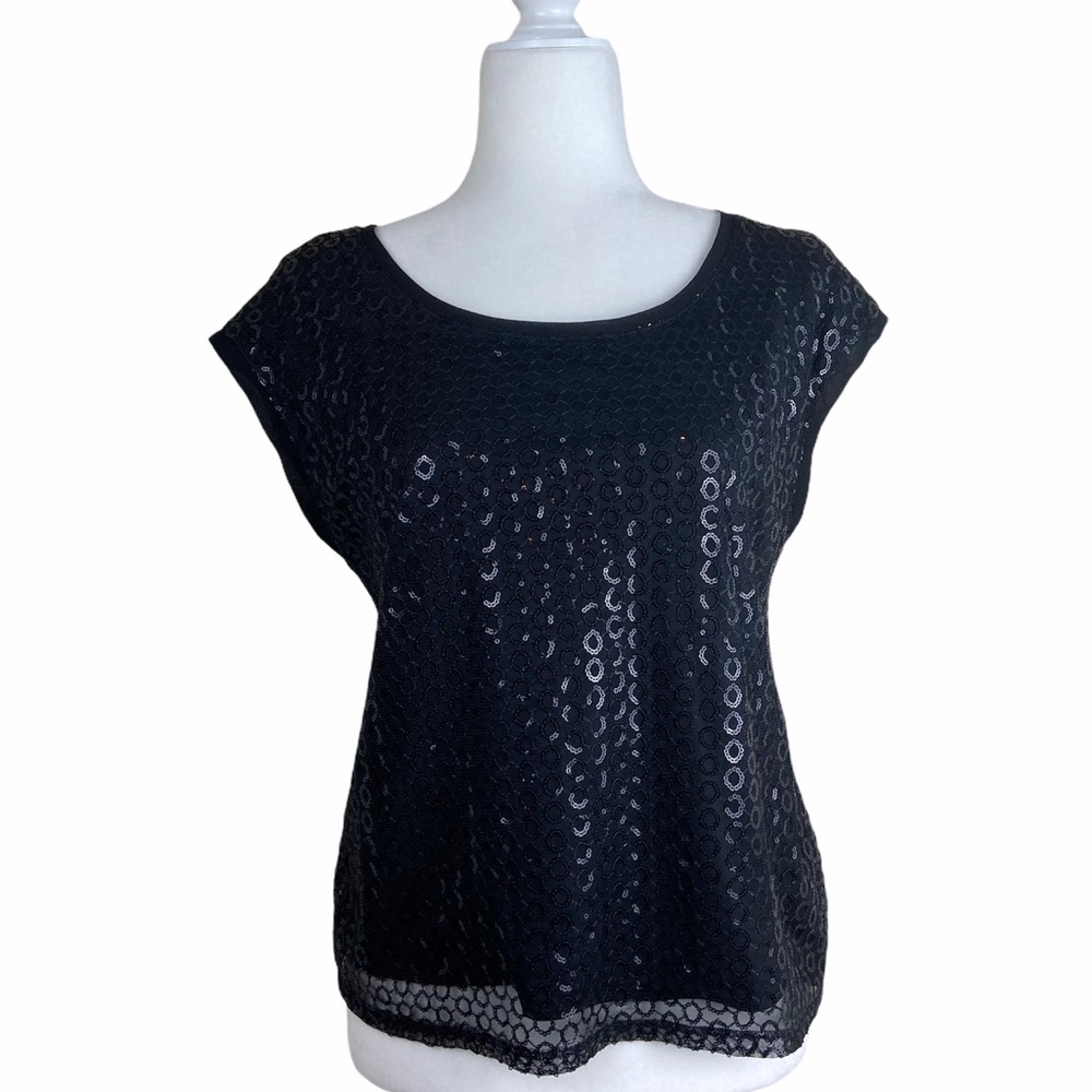 Express | Scoop Neckline Black Short Sleeve Sequins Blouse